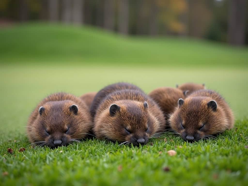 Cute baby moles sleeping on green grass in natural outdoor setting.