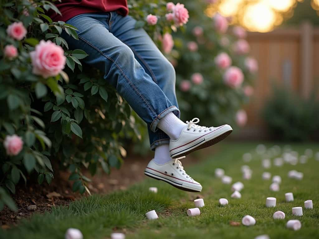 Pink roses and a person wearing white sneakers relax in a blooming garden.