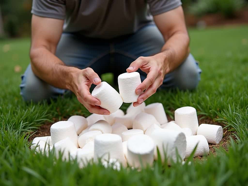 Soft white marshmallows on green grass, outdoor setting.