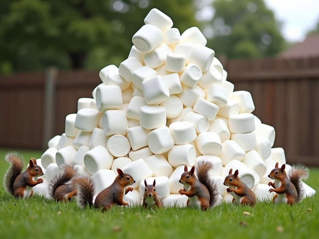 Marshmallow pile with cartoon squirrels and rabbits in backyard.