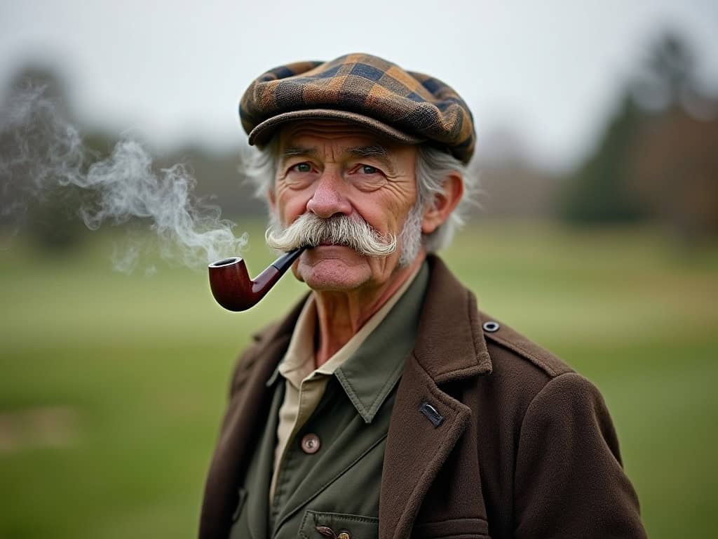 Elderly man with pipe outdoors, vintage style, gray mustache, wool cap, autumn background.