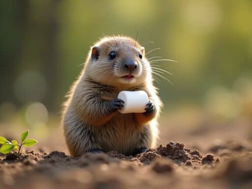 Cute otter holding a small white container, outdoor scene with soil and greenery.