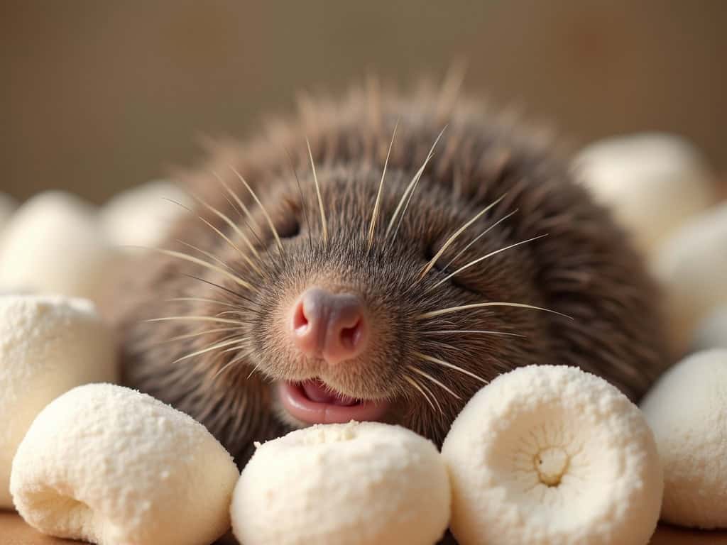 Cute baby hedgehog sleeping surrounded by banana slices, adorable wildlife, roadkill, small mammal, nature, conservation, wildlife photography.