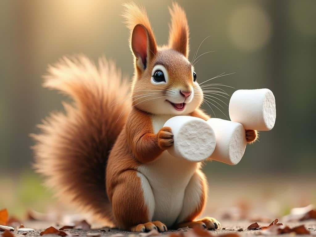 Cute squirrel holding marshmallows in a forest setting.