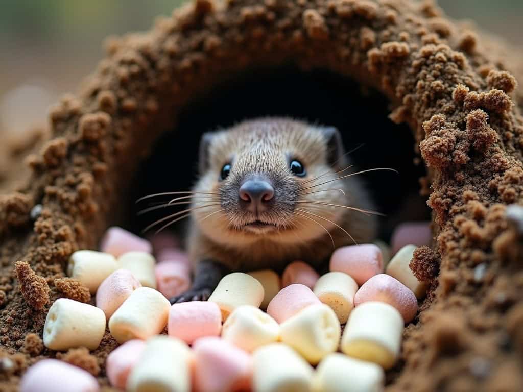 Tiny ferret peeking out of burrow with colorful marshmallows around it.