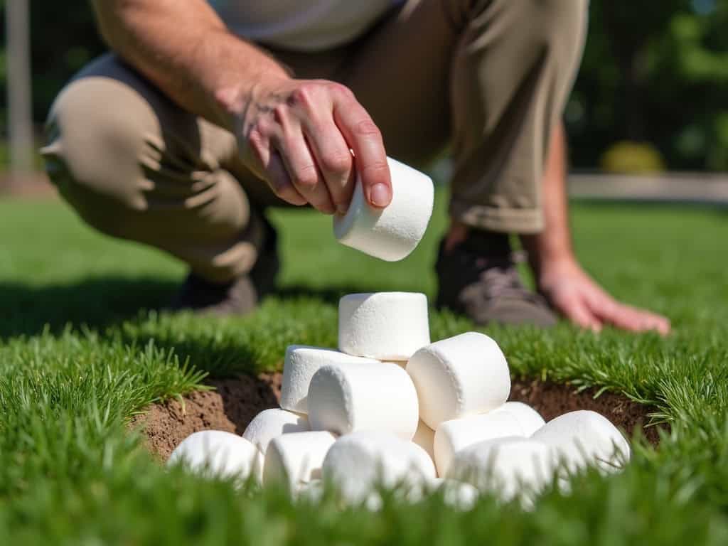 Marshmallow stacking on grass for outdoor activity or game.