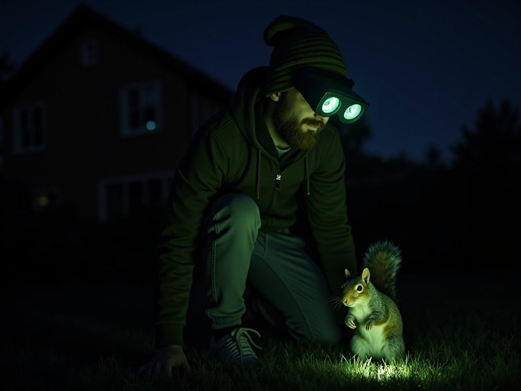 Glowing headlamp illuminates squirrel at night outdoors outdoors with man and nocturnal wildlife natural environment.