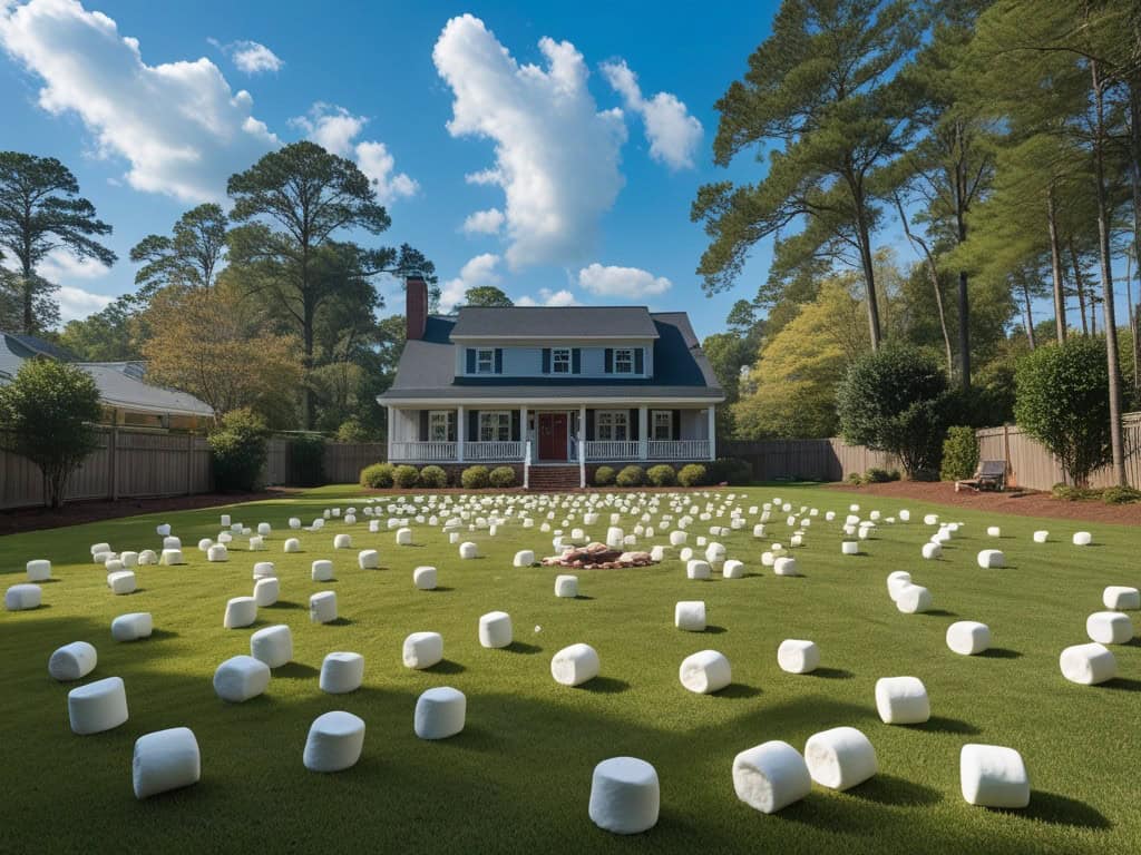 Marshmallow yard art in front of a house with lush green lawn and pine trees, showing a creative outdoor decoration.