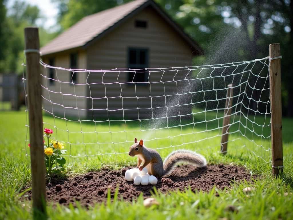 Small squirrel with eggs in a garden behind a mole-proof fence in a backyard.