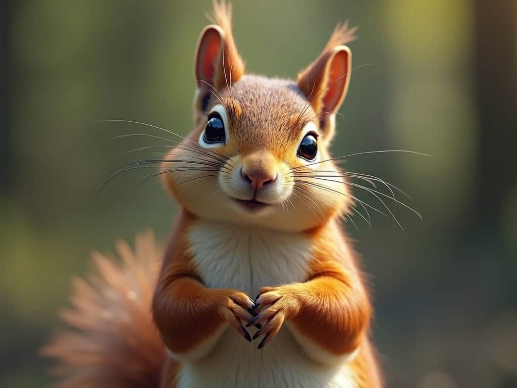Cute squirrel with large, shiny eyes and bushy tail in a natural forest setting.
