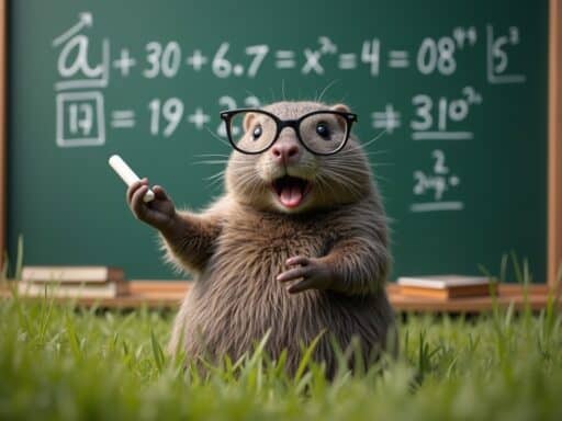 Cute otter wearing glasses and holding chalk, teaching math on chalkboard.