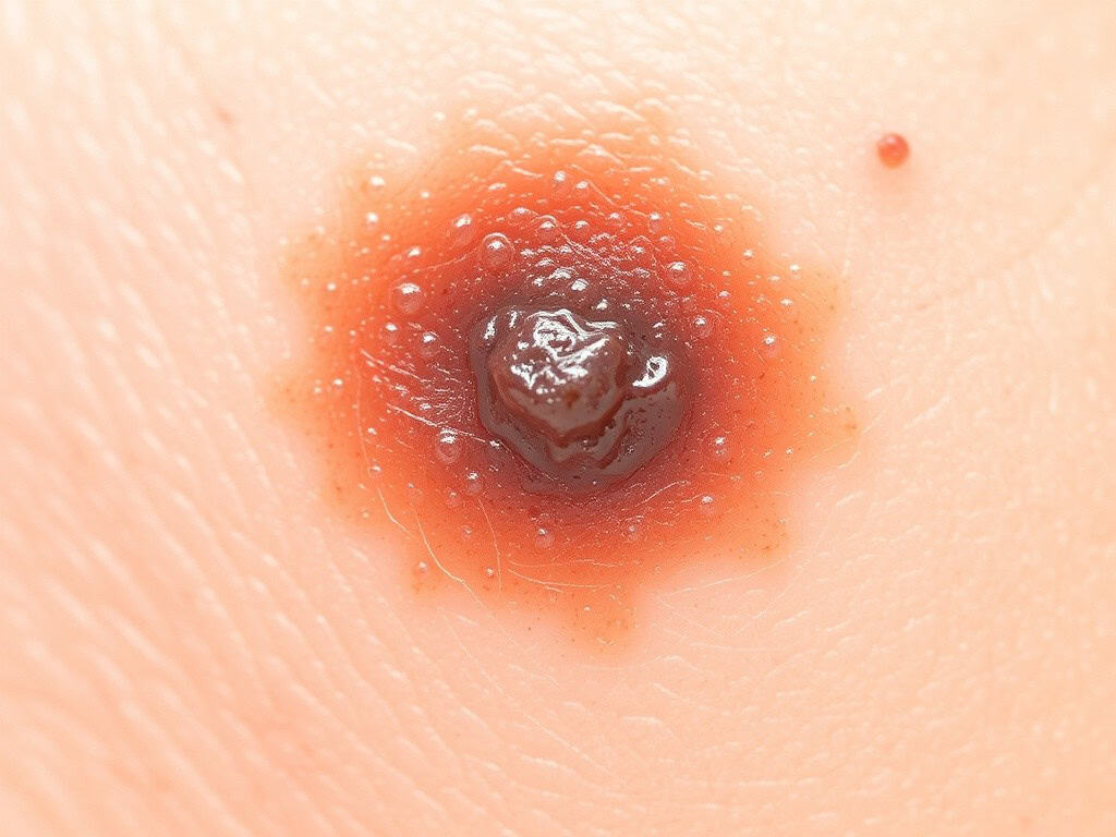 Severe skin mole with irregular borders and dark pigmentation on human skin.