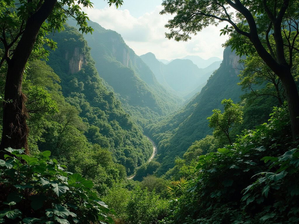 Lush green valley with towering forested mountains and misty sky.