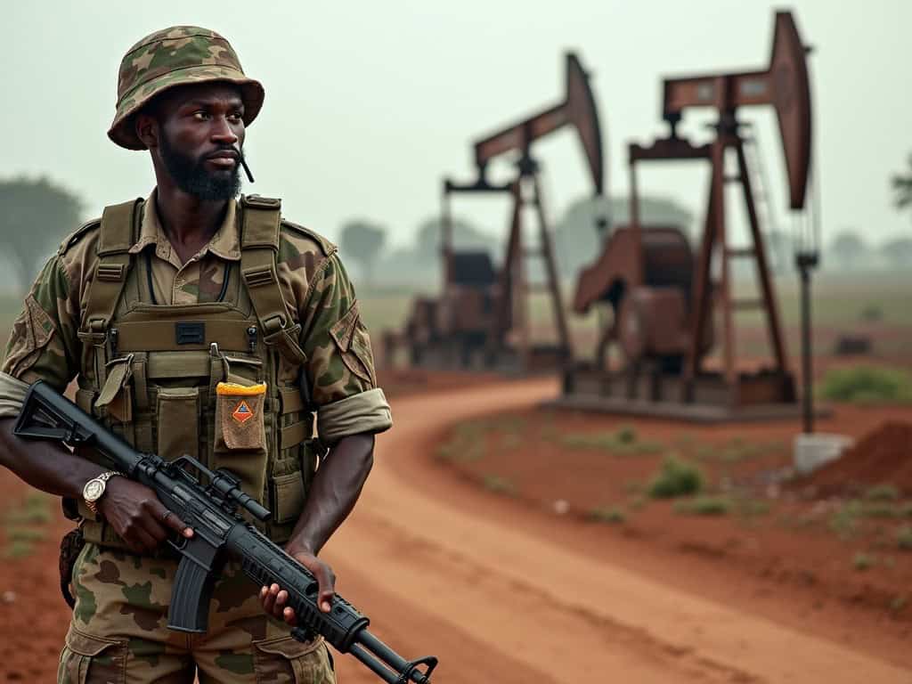 Military soldier with rifle at oil field PowerShot 2023.