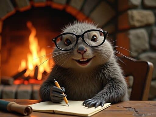 Cute otter wearing glasses and writing in a notebook by the fireplace.