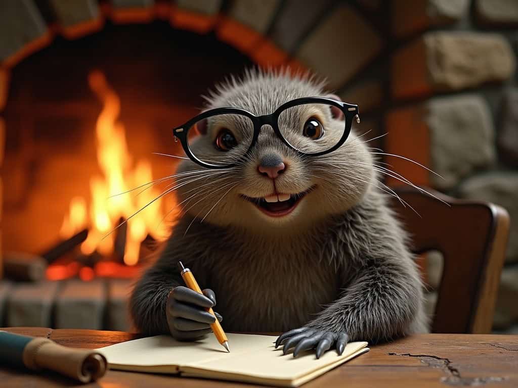 Cute otter wearing glasses and writing in a notebook by the fireplace.