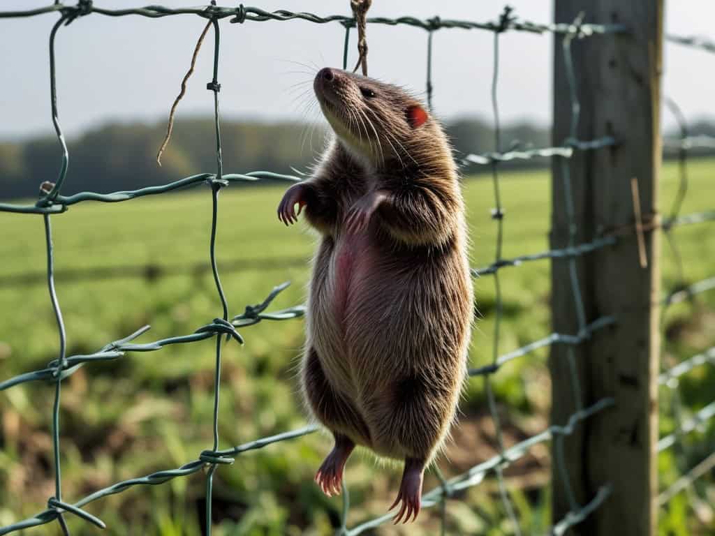 Small farmed mole hanging on a fence, rural agricultural setting, wildlife conservation, pest control, underground burrows.
