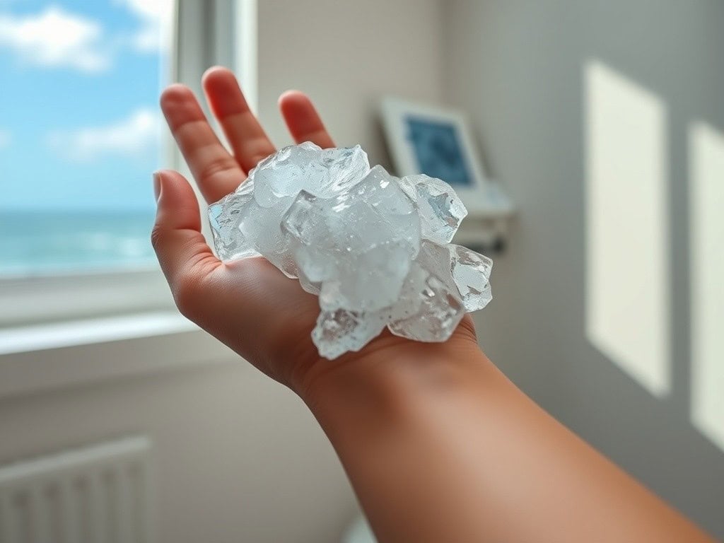 Cold ice cubes held in a hand near a window.