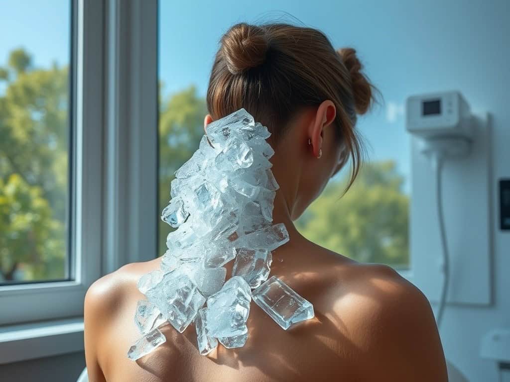 Cool ice cubes stacked on a woman’s shoulder in bright sunlight through a window.