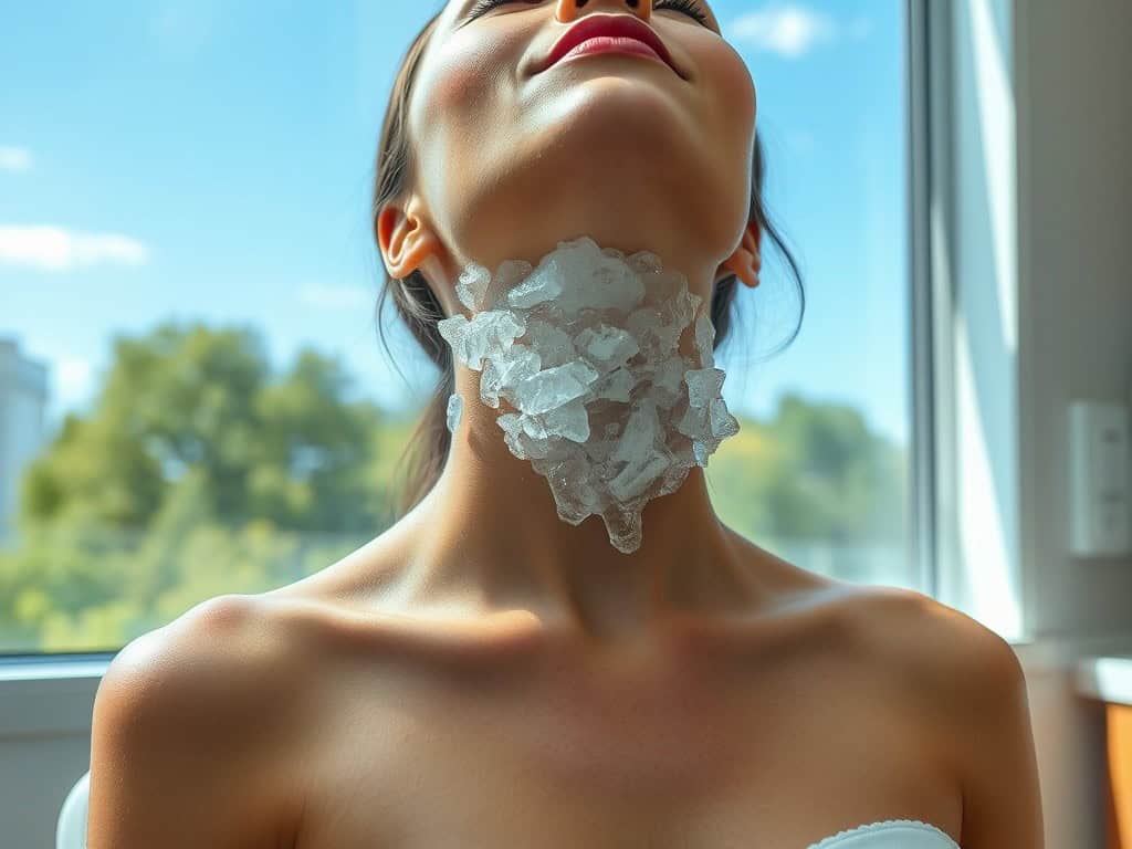 Ice, woman with ice on her neck, relaxing in bright room, natural light, wellness, skincare treatment, coolness, icy facial, health and beauty, skin cooling, interior setting.