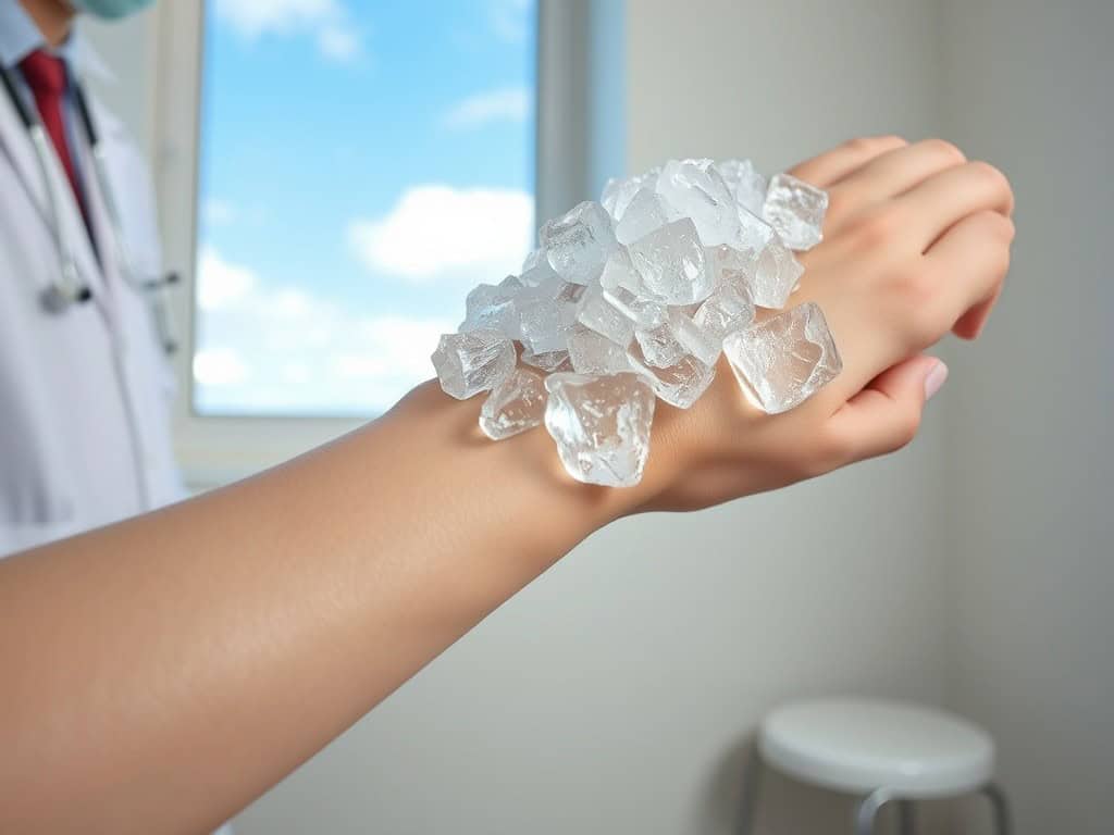 Shocking image of a doctor holding large ice chunks on a patient's arm for frostbite treatment.