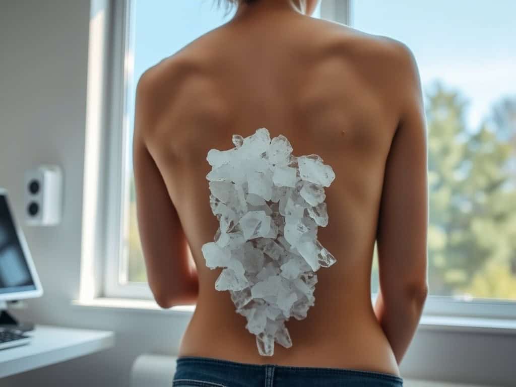 woman freezing mole off her back at doctors office