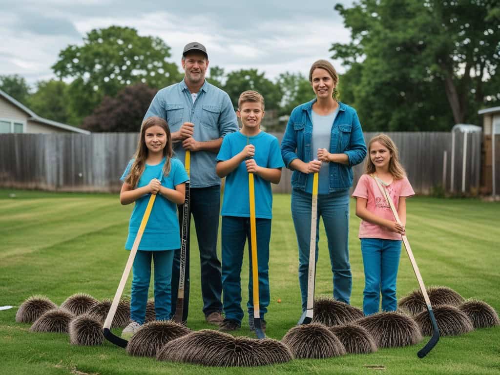 Moles control family outdoor removal methods, family with tools, lawn treatment, pest control, moles hunting.