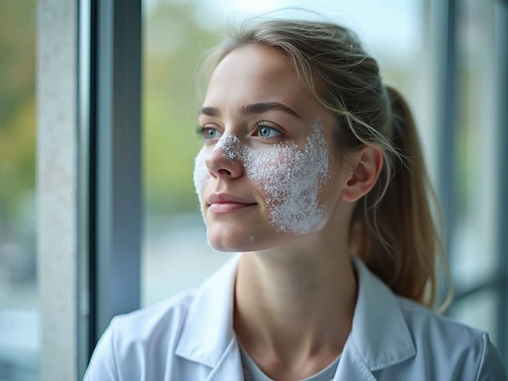 Woman with facial suntan lotion application on her face, looking out window, skincare routine, skincare expert, beauty care, facial treatments.