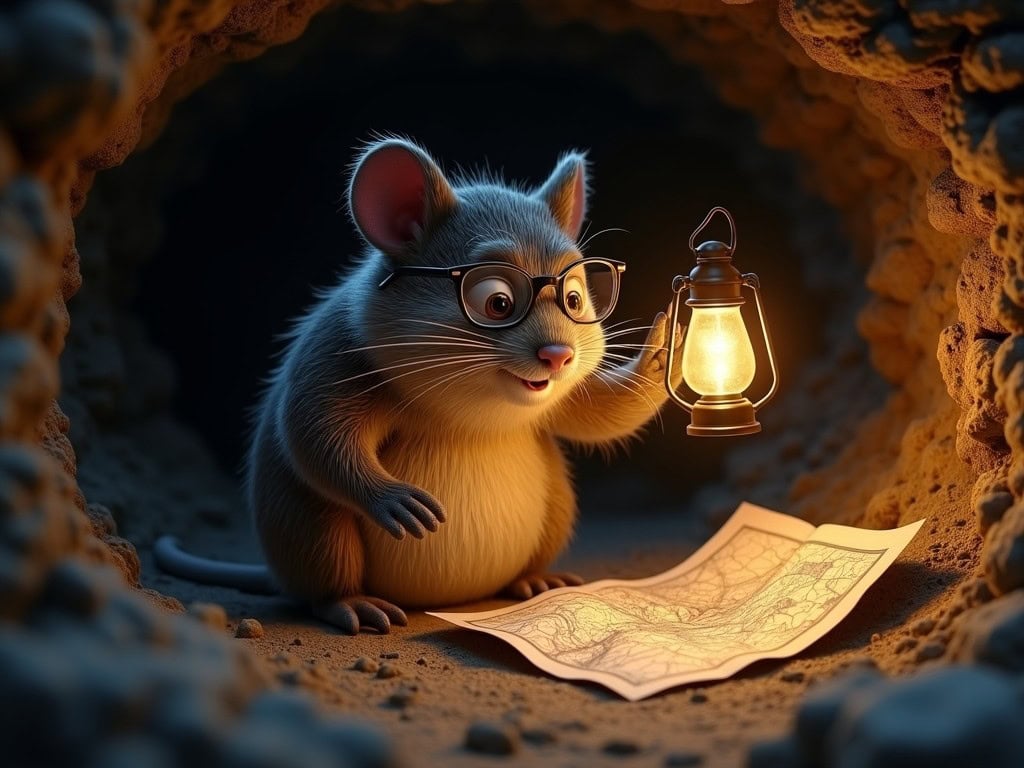 Mole exploring underground with lantern and map, cartoon animal adventure, cozy cavern setting, digital illustration of a curious mole for children.