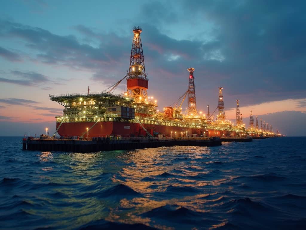 Offshore oil rig at sunset with illuminated platforms and drilling towers in open sea.