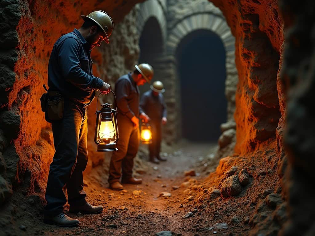 Miner explorers holding lanterns in underground tunnel at night.