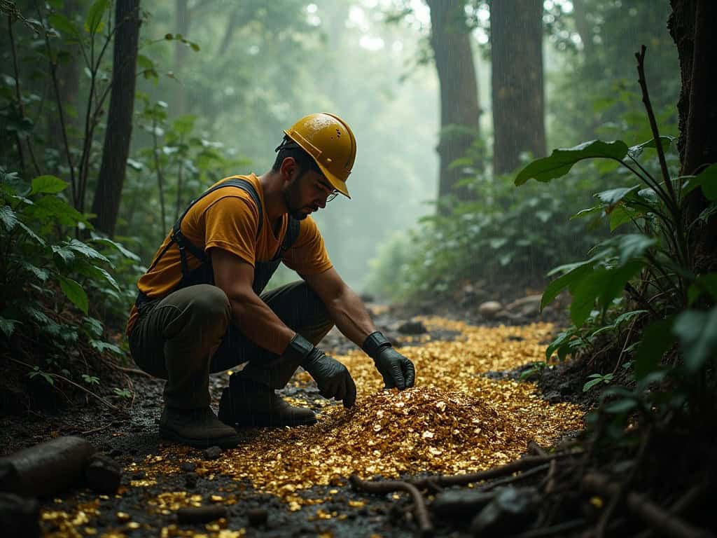 Gold prospecting in a forest stream, searching for gold with a miner’s pan, highlighting treasure hunting and mineral exploration.