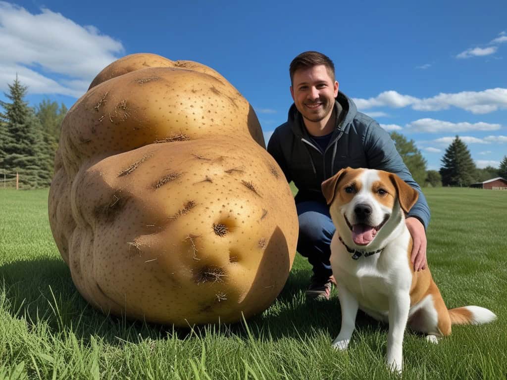 Giant potato with a man and dog outdoors on a sunny day.
