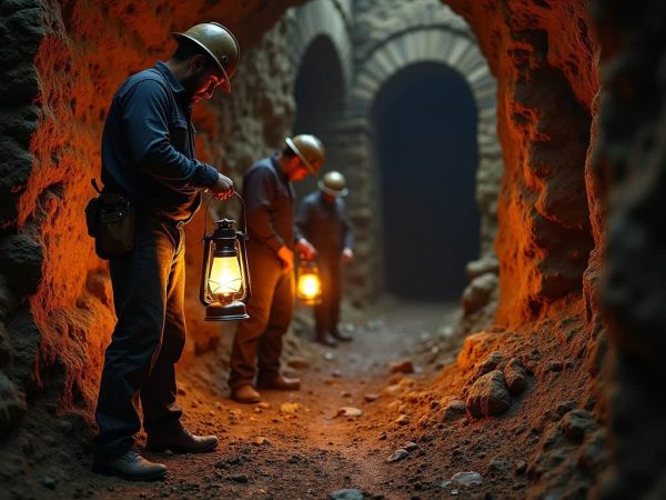 Miner explorers holding lanterns in underground tunnel at night.