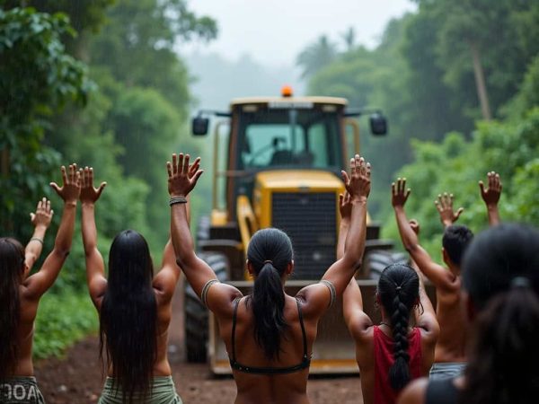 Tractor working in forest with group of protesting women holding hands and raising arms at environmental demonstration.